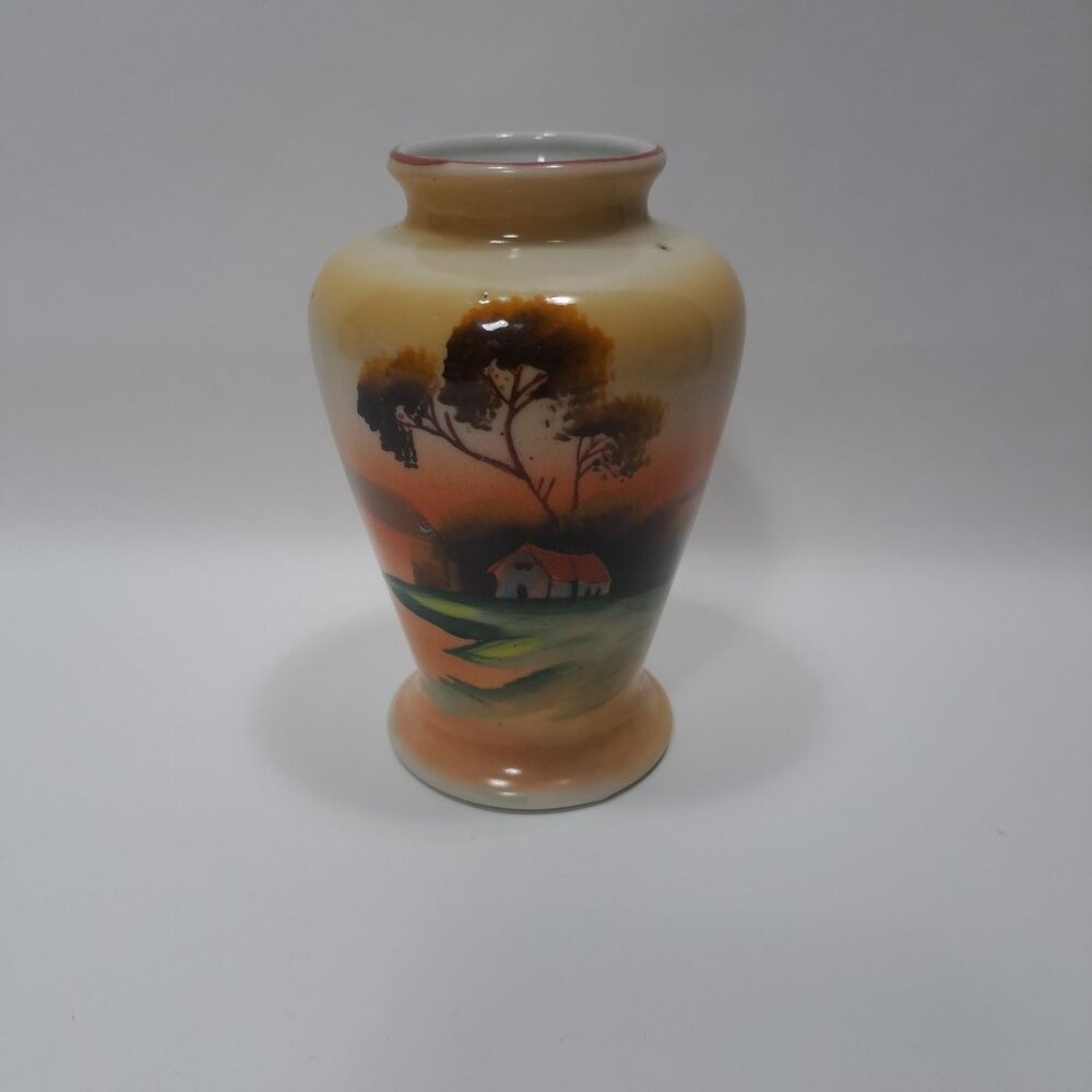 Vintage Japanese Hand Painted 5" Vase MultiColor Porcelain Trees House Sunset